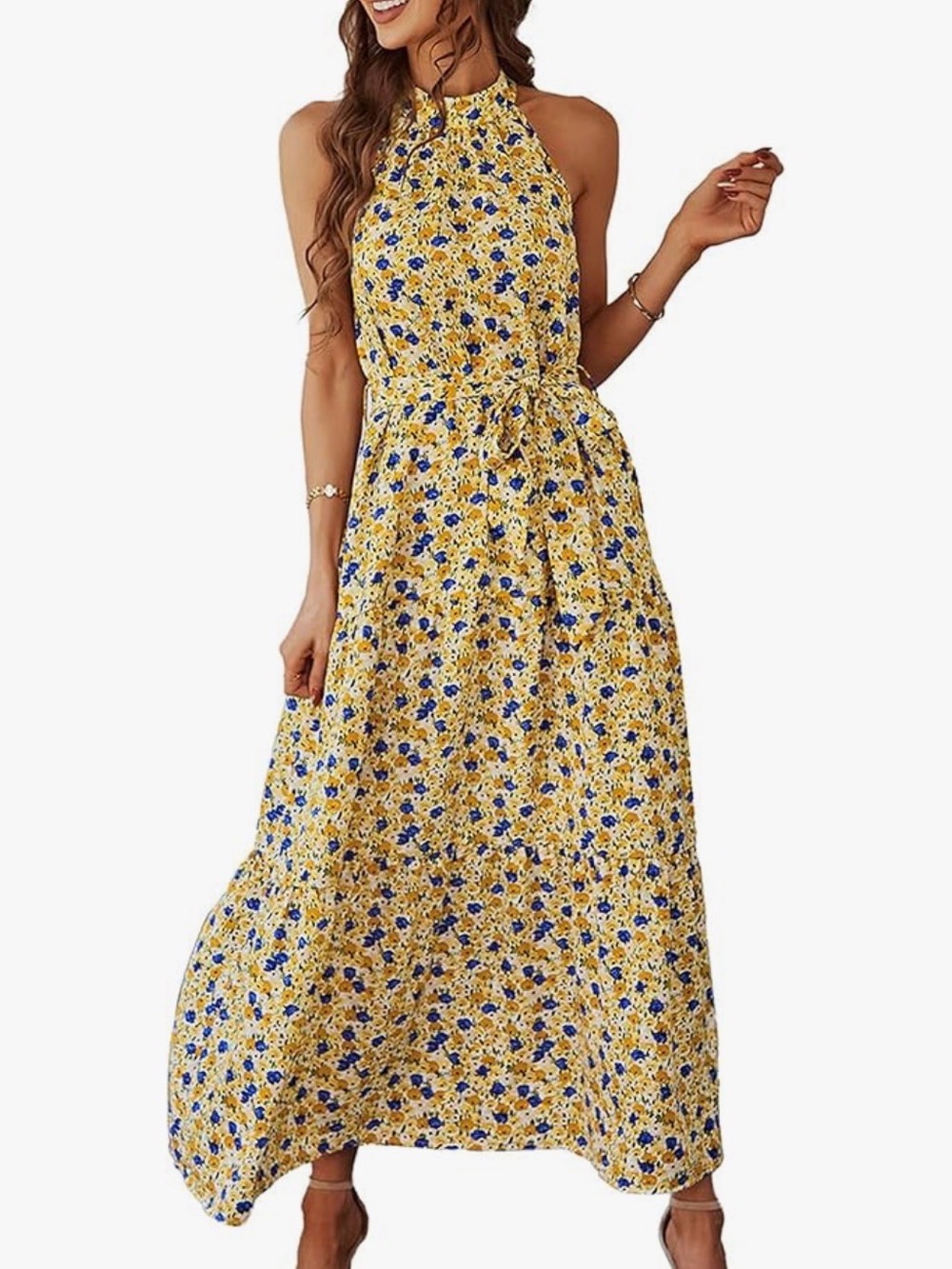 PRETTYGARDEN • floral halter maxi dress yellow floral with removable waist tie